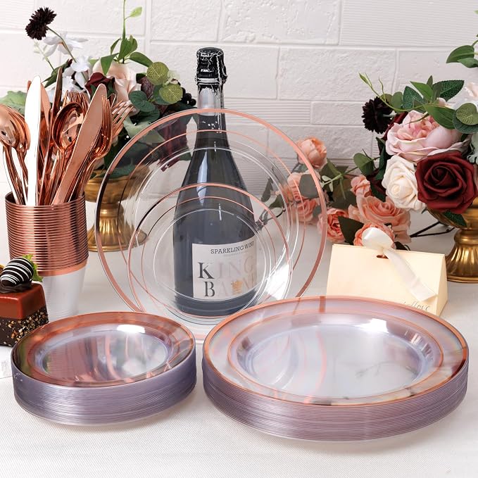 bUCLA 600PCS Clear Rose Gold Plastic Dinnerware Set Disposable - Image 8