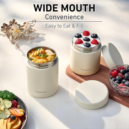 Stainless Steel Insulated Food Jar Set of 2 (16oz + 12oz) | Wide Mouth | Hot Food Lunch Container | Thermal Lunch Box | Insulated Soup Bowl | Hot & Cold Lunch Box for Adults, Teens | Vanilla