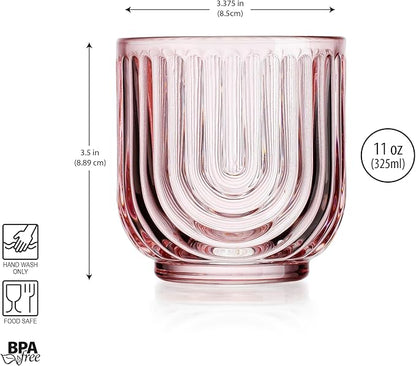 Glaver's Vintage Glassware Art Deco Glasse Ribbed Drinking Glasses U-Shape Arch Design Colored Cocktail Kitchen Tumblers Everyday Dinner Decorative Party (Pink S/4 11oz)