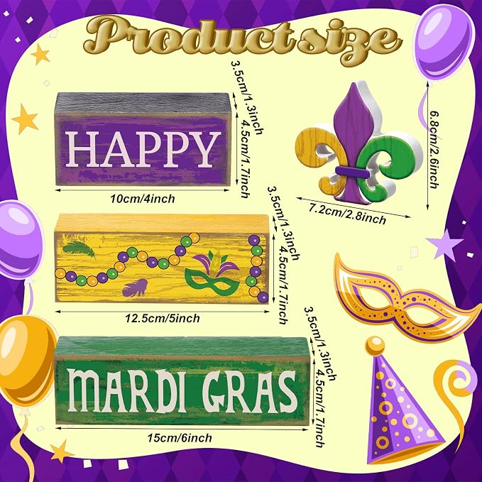 Moucuny 4 Pcs Mardi Gras Decorations Mardi Gras Wooden Sign Carnival Table - Image 2