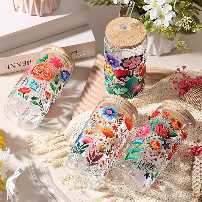 Mumufy 4 Pack Wildflower Glass Cups Gift Aesthetic Cute Glass Cup Tumbler - Image 4