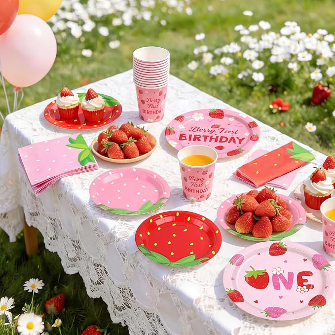Kochorie 96 Pieces Berry First Birthday Decor Disposable Strawberry Tableware - Image 7