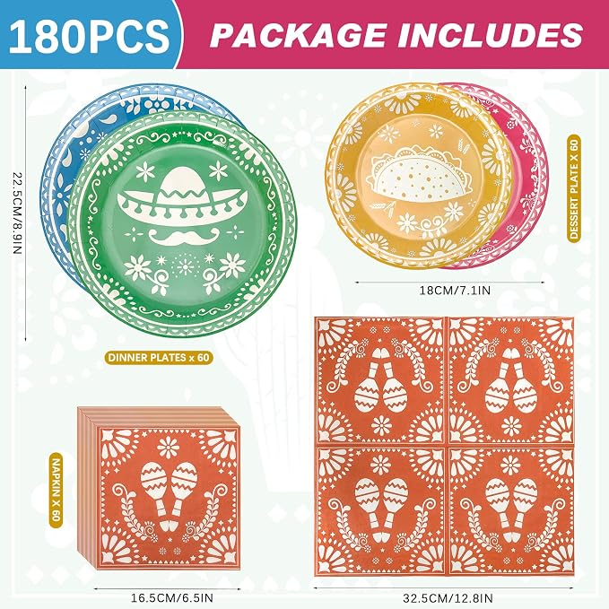 Mexican Fiesta Paper Plates and Napkins Party Supplies Serve 60 | 180PCS - Image 2