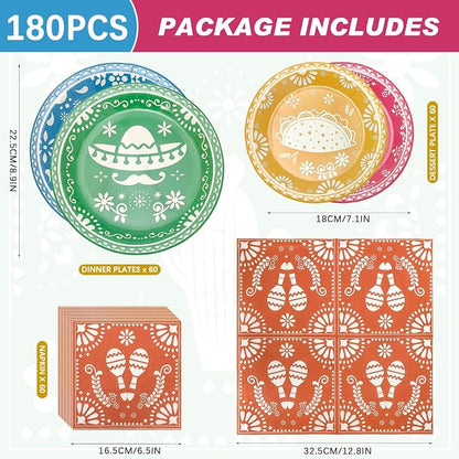 Mexican Fiesta Paper Plates and Napkins Party Supplies Serve 60 | 180PCS - Image 2