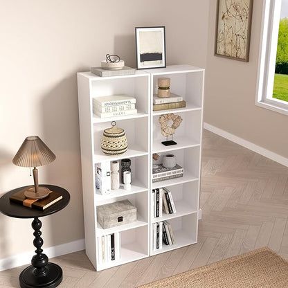 Wooden 5 Cube Storage Organizer, White 5 Tier Bookcase Bookshelf Freestanding Storage Display Organizer, Versatile Cubes Open Shelf and Cubby Unit for Living Room, Home Office, Dinning Room 15.7inch
