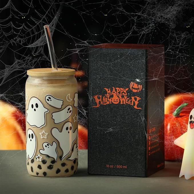 Halloween Ghost Fall Glass Cup by NurturingHerGiftingPeace