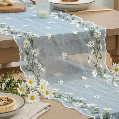 Artoid Mode Daisy Floral Sky Blue Shaped Gauze Embroidery Table Runner 120 Inch - Image 7