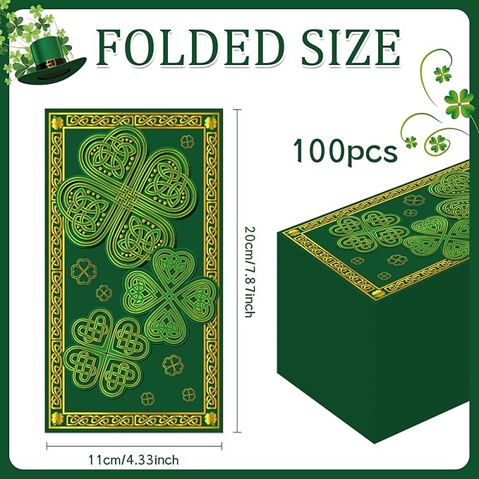 St. Patrick's Day Napkins - 100 Pcs Green Shamrock Saint Paper Disposable Party Decorations Bulk Lucky Four-leaf Clover Celtic Knot Irish Decorative Dinner Guest Cocktail Table Decor Supplies