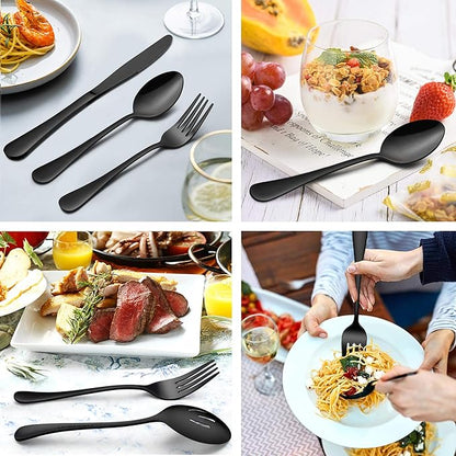 LIANYU 36-Piece Black Silverware Set with Serving Utensils, Stainless Steel Black Silverware Flatware Set for 6, Cutlery Tableware Includes Forks Spoons Knives, Mirror Polished, Dishwasher Safe