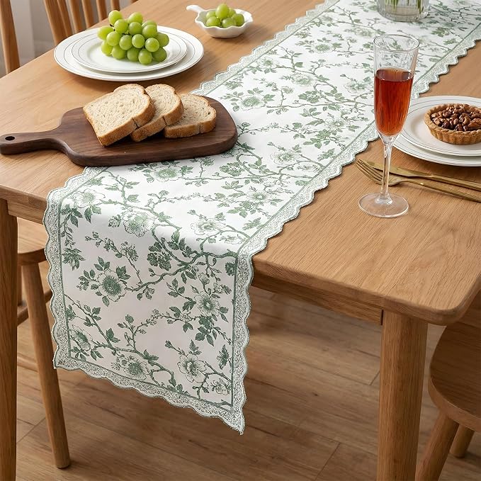 HunnmingRe 71x12 Inch Sage Green Floral Table Runner Vintage Table Runner - Image 6