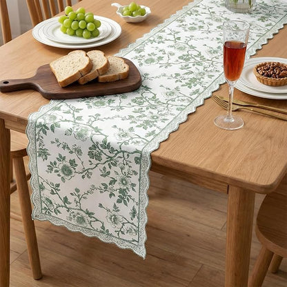 HunnmingRe 71x12 Inch Sage Green Floral Table Runner Vintage Table Runner - Image 6