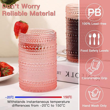 JOVGANK Pink Vintage Hobnail Drinking Glasses Set of 6, Water Tumbler 15oz - Image 3