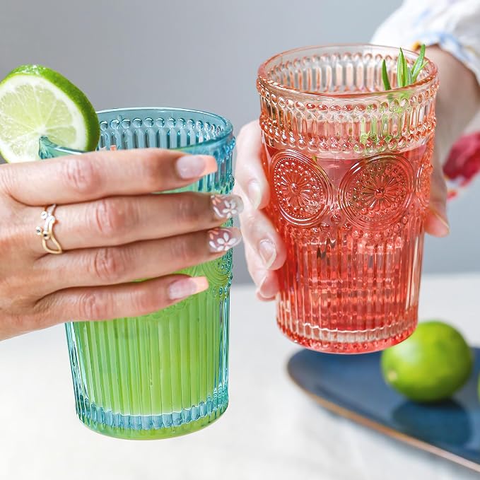Kate Aspen Vintage Textured Aqua Blue Striped Drinking Glasses Set of 6-13 oz - Image 3