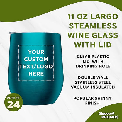 Custom Stemless Wine Glass Tumblers with Lids by Largo 11 oz. Set of 24, Personalized Bulk Pack - Perfect for Wine, Cocktails, Other Hot & Cold Beverages - Teal