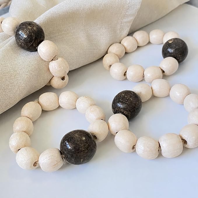 Wood Bead Napkin Rings Set of 6, Dark Gray and Natural Beech Wood, Farmhouse - Image 5