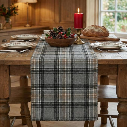 Artoid Mode Grey Brown Farmhouse Plaid Retro Table Runner, Rustic Holiday Check - Image 2