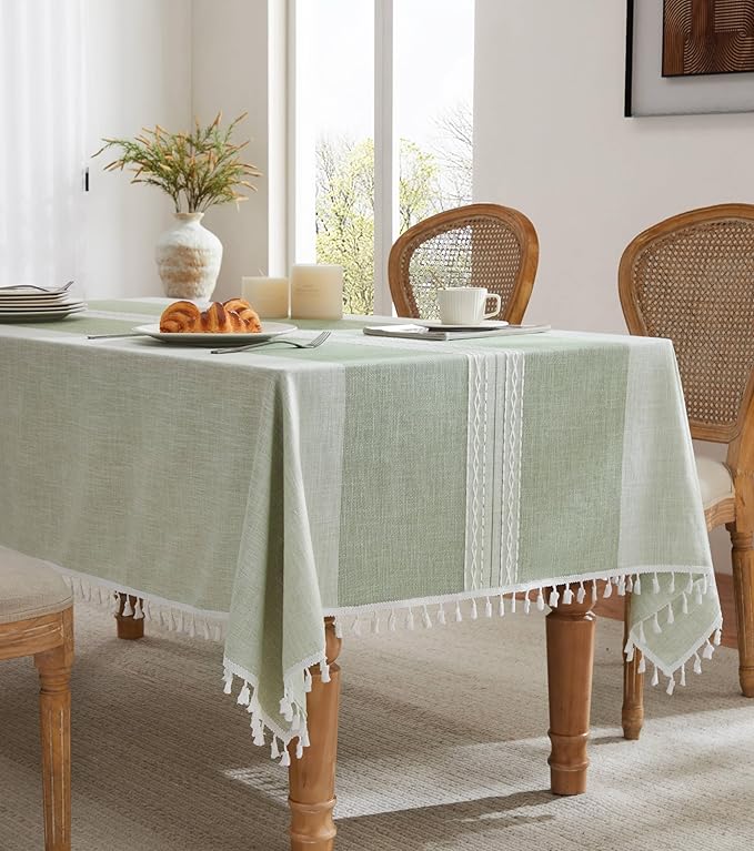ZeeMart Contrast Linen Table Cloth Rectangle Table Cloths 60x104 Inch Mid-Stripe Green, Farmhouse Style Heavy Weight Sage Green Tablecloth, Water Resistant Burlap Tablecloths