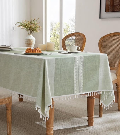 ZeeMart Contrast Linen Table Cloth Rectangle Table Cloths 60x104 Inch Mid-Stripe Green, Farmhouse Style Heavy Weight Sage Green Tablecloth, Water Resistant Burlap Tablecloths