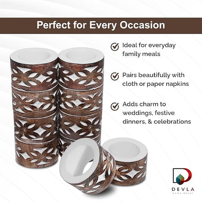 DEVLA Mango Wood Napkin Rings Set, Hand Carved & Hand Painted White Washed, 10 Pieces, Round Table Decor