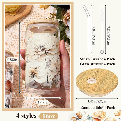 Mumufy 4 Pack Wildflower Glass Cups Gift Aesthetic Cute Glass Cup Tumbler - Image 2