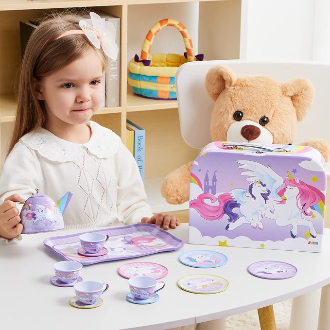JOYIN Unicorn Tea Party Set for Little Girls, Pretend Purple Tin Teapot Set - Image 8