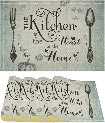 Retro Farmhouse Placemat Set, Minimal Green Gradient Rustic Plank Art Sketch Cutlery Knife Fork Inspirational Quotes Pattern Home Decor Linen Table Mats for Dining Room Kitchen Party (17x12in) x4P