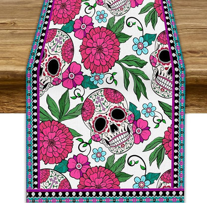 Dia De Los Muertos Table Runner Red Floral Cinco De Mayo Rustic Linen Mexican by YCness