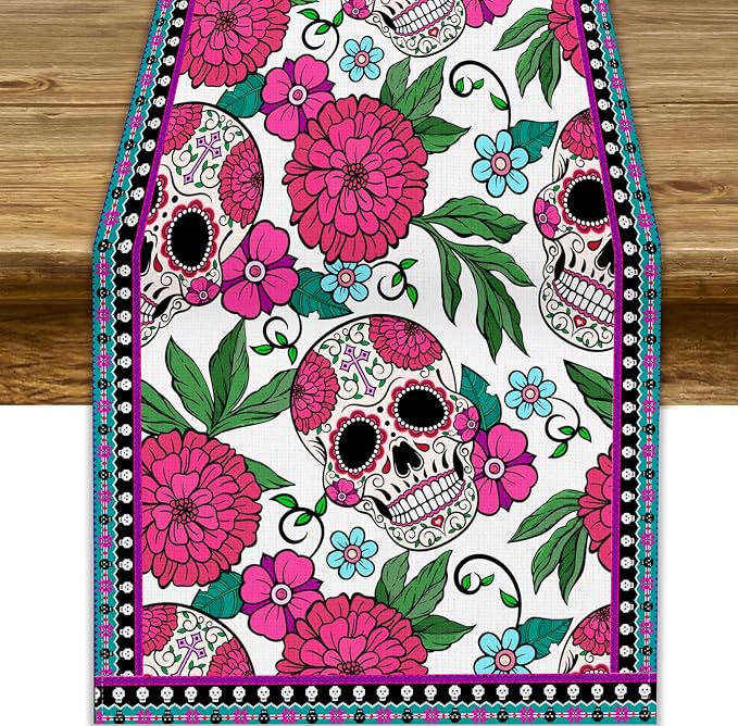 YCness Dia De Los Muertos Table Runner Red Floral Cinco De Mayo Rustic Linen by YCness
