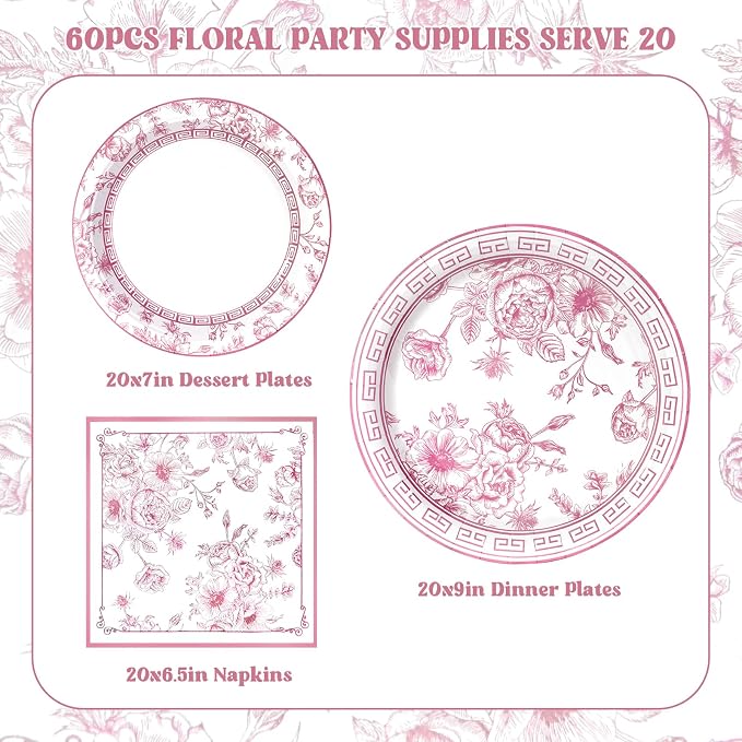 60Pcs Pink Floral Paper Plates and Napkins Party Supply, Serves 20 | Disposable - Image 2