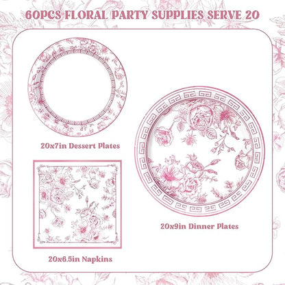 60Pcs Pink Floral Paper Plates and Napkins Party Supply, Serves 20 | Disposable - Image 2