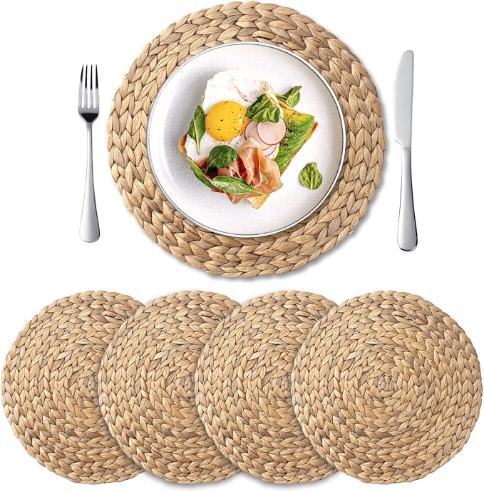Round Woven Placemats Set of 4, Natural Water Hyacinth Place Mats, Boho Wicker by YANGQIHOME