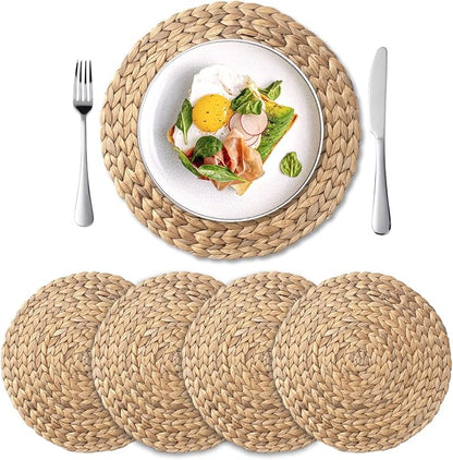 Round Woven Placemats Set of 4, Natural Water Hyacinth Place Mats, Boho Wicker by YANGQIHOME