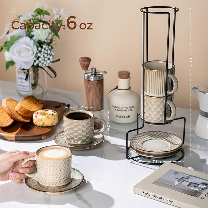 GBhome 6 OZ Stackable Coffee Mugs Set of 4, Ceramic Espresso Coffee Cups | - Image 2
