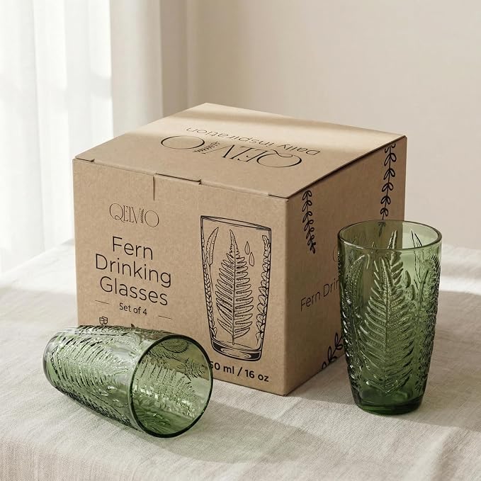 Green Drinking Glasses Set of 4, 16 oz Glass Cups, Vintage Fern Glassware | - Image 6