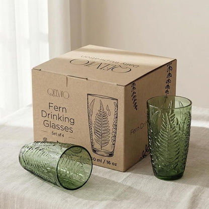 Green Drinking Glasses Set of 4, 16 oz Glass Cups, Vintage Fern Glassware | - Image 6