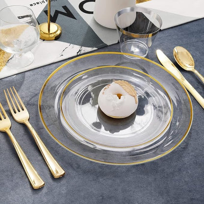 LIYH 60 Pcs Clear and Gold Plastic Plates Heavy Duty Clear Disposable Plates for Party Gold Plastic Plate for Wedding Birthday Include 30 Dinner 30 Dessert Plate