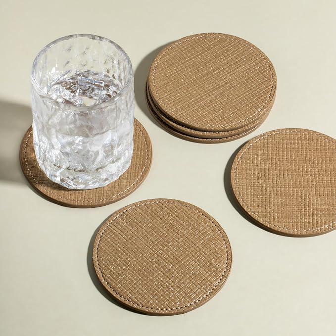 OLETHA Aesthetic Round Drink Coasters, Wheat | Raffia-embossed faux leather - Image 6