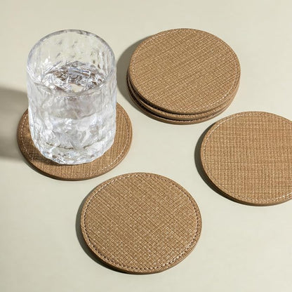 OLETHA Aesthetic Round Drink Coasters, Wheat | Raffia-embossed faux leather - Image 6