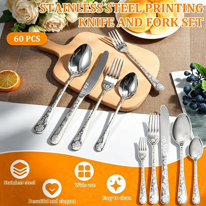 60 Piece Floral Silverware Set for 12 - Image 6