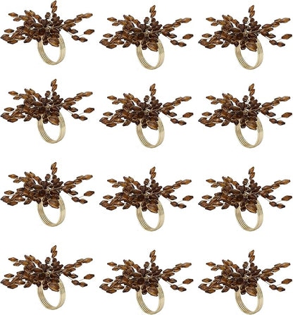 Napkin Rings Set of 12 for Dining Table Decoration Parties Everyday Metal Napkin Holder Leaf Coffee (Pack of 12)