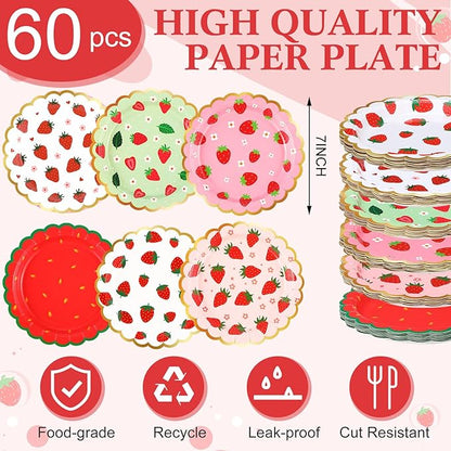 60 Pcs Strawberry Party Plates Berry First Birthday Disposable Flower Shaped Paper Plates 7 Inch Summer Fruit Dessert Dishes for Birthday Wedding Baby Shower Bachelorette Party Supplies