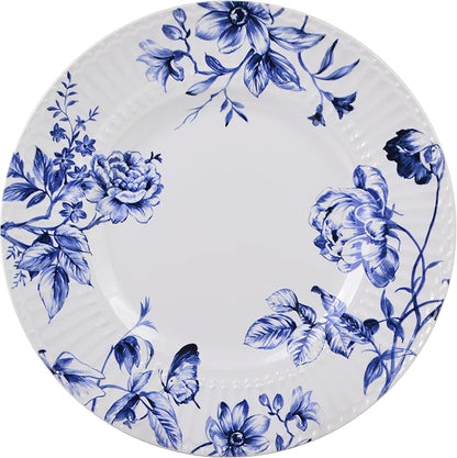 222 Fifth 12-Piece Porcelain Dinnerware Set for 4, White & Blue Plates and Bowls Set, Glossy Ceramic Dish Set with Embossed Toile Pattern, Elegant Kitchen Dishes, Microwave & Dishwasher Safe, Cassian