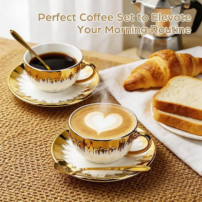 Cappuccino Cups with Saucers and Sakura Spoons, 8 oz Ceramic Espresso Cup Set - Image 3