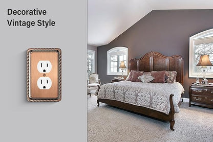 Henne Bery Rope Edge Decorative Wall Plate Switch Plate Outlet Cover (Single Duplex, 3 Pack, Antique Copper)