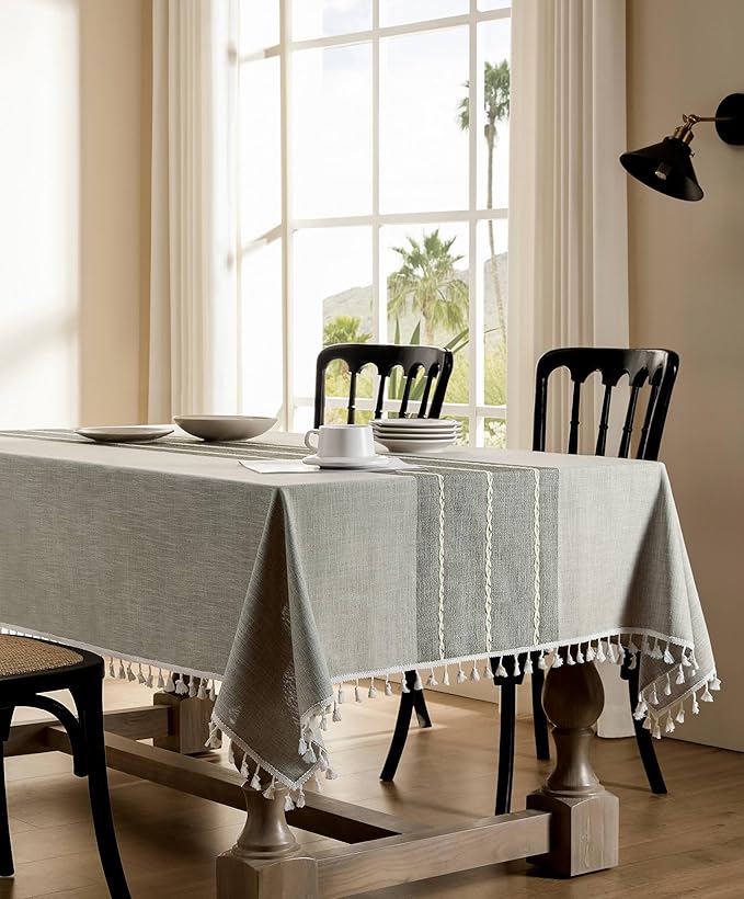 ZeeMart Contrast Linen Table Cloth Rectangle Table Cloths 60x120 Inch Grey, Farmhouse Style Heavy Weight Grey Tablecloth, Water Resistant Burlap Tablecloths