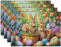 Easter Rabbits Eggs Placemats Set of 4 Easter Bunny Tulip Flowers Table Place Mats Seasonal Farmhouse Spring Holiday Table Mat for Party Kitchen Dining Outdoor Indoor Decor