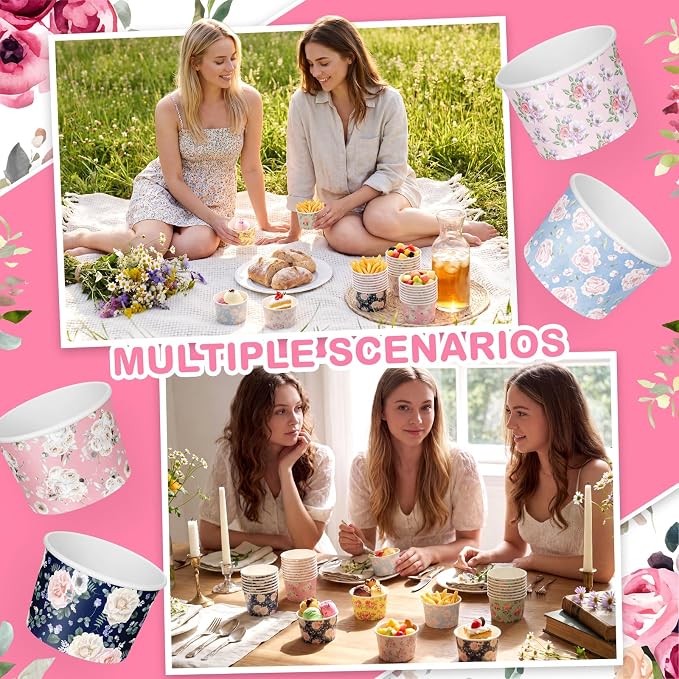 CHENGU 180 Pcs Floral Snack Cups 9 oz Disposable Floral Paper Dessert Bowls - Image 5