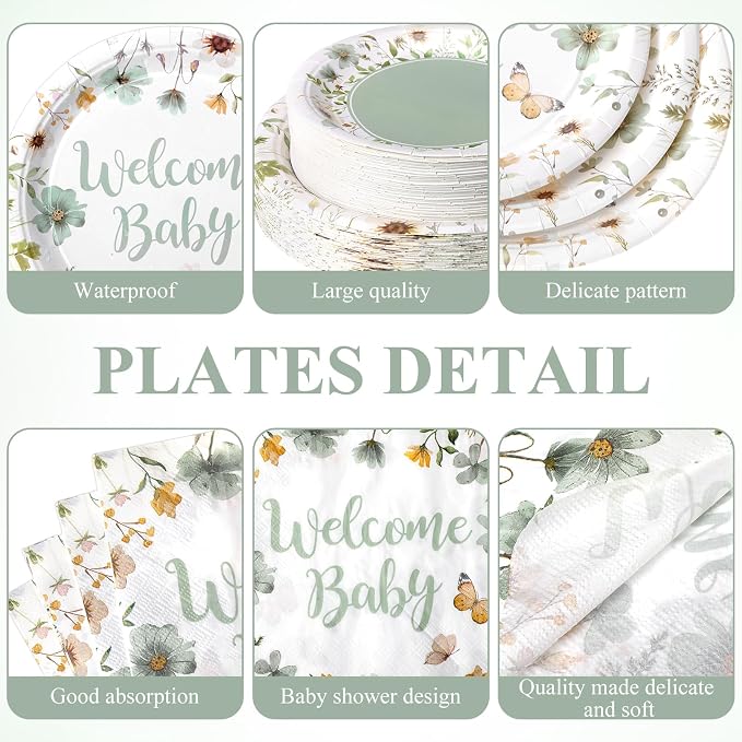 Pickmesh 250 Pcs Sage Green Floral Baby Shower Party Supplies Decorations Serve - Image 2