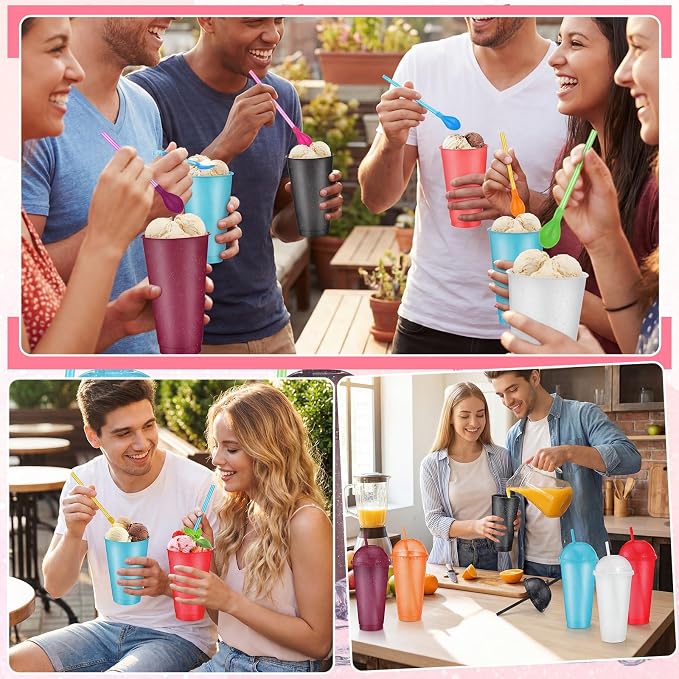6 Set Slushie Cups with Dome Lids and Straws Detachable Spoon Straws Reusable - Image 6