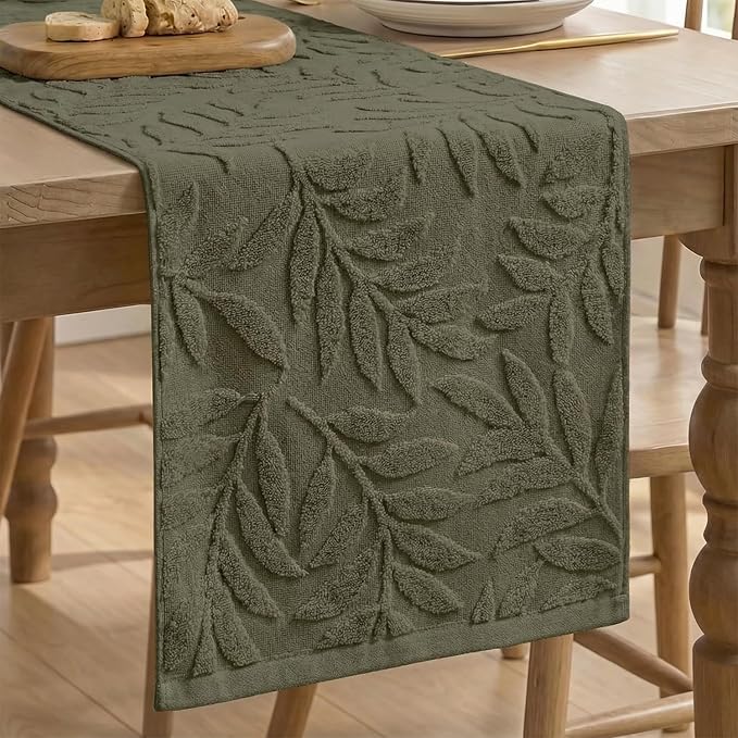 Artoid Mode Olive Green Soft 3D Jacquard Leaves 100%Cotton Spring Table Runner by ArtoidMode